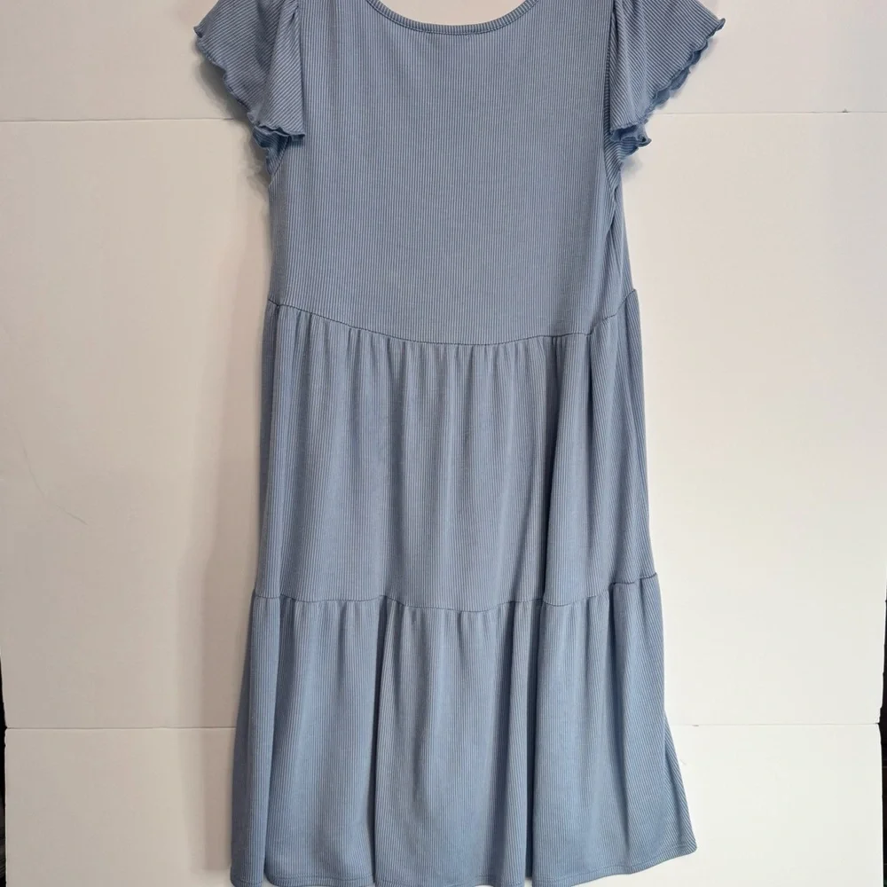 Blue Ribbed Tiered Flutter Sleeve Dress Size M
